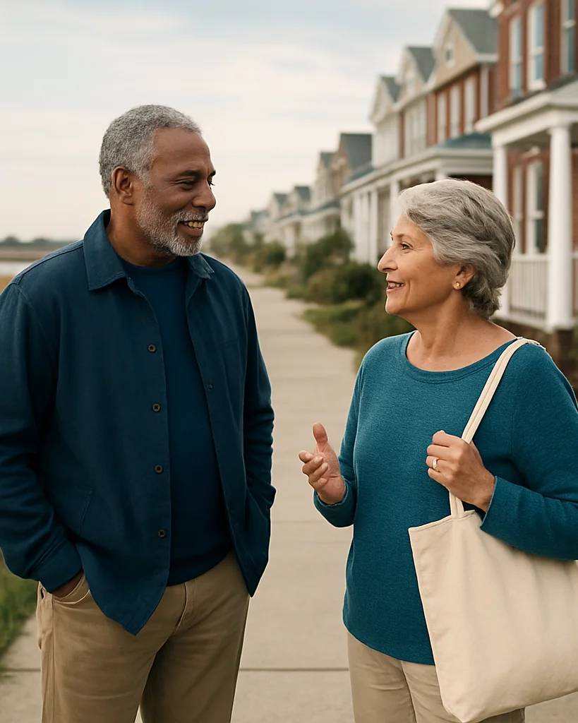 Editorial lifestyle photograph, soft coastal daylight, two neighbors in their 60s talking on a sidewalk outside rowhouse