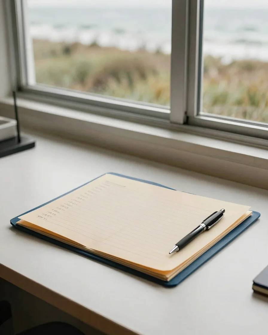 Natural close detail of a neatly labeled manila folder and a pen resting on a navy-and-warm-white desk beside a window w