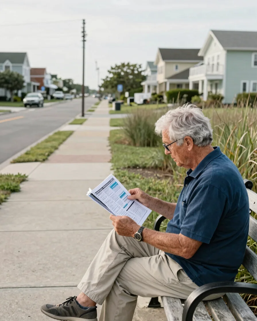 Candid wide shot of an adult in their late 60s reading a printed