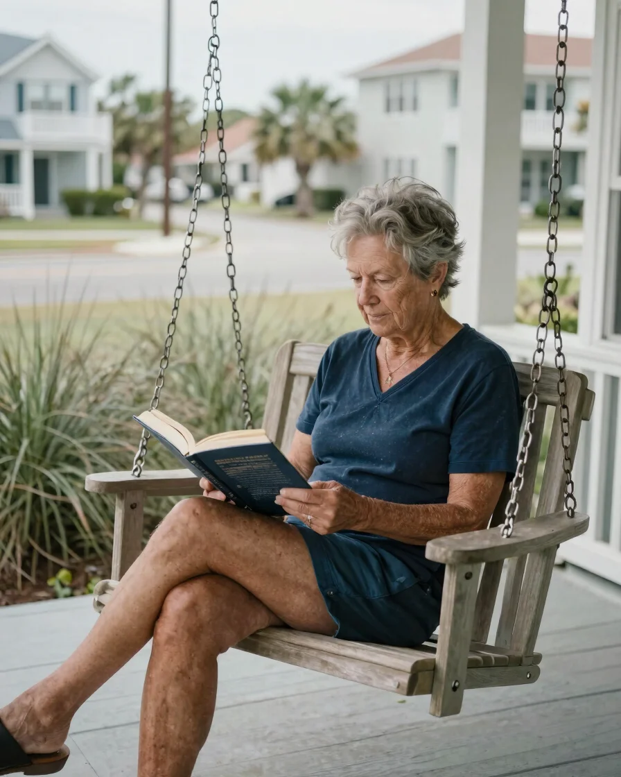 Editorial lifestyle photograph of an adult in their late 60s reading on a wooden porch swing, soft coastal daylight, a H