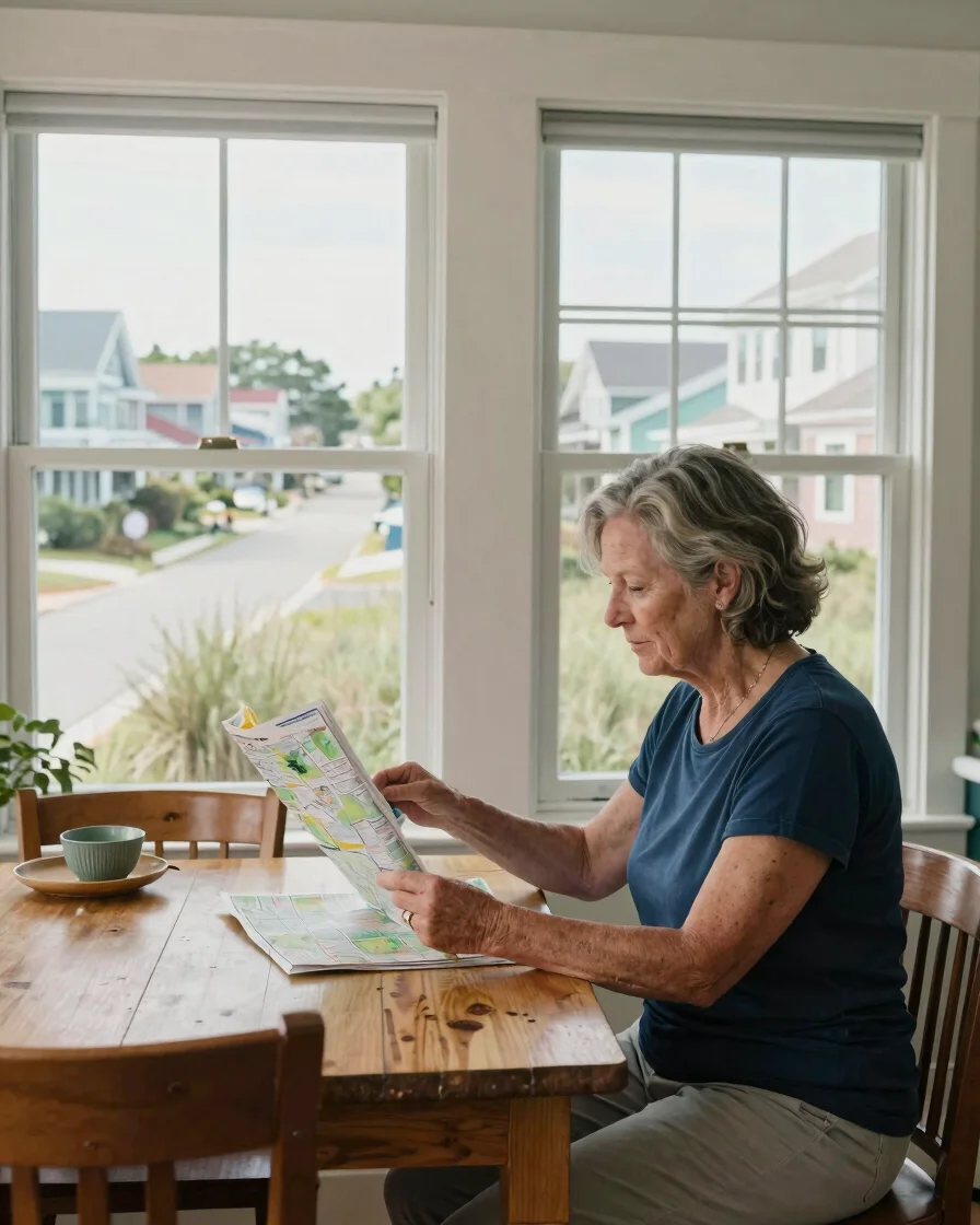 Editorial lifestyle photograph, soft coastal daylight, a woman in